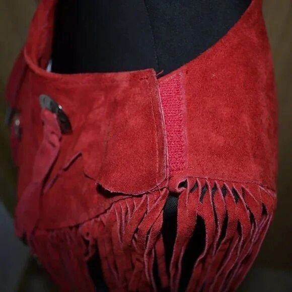 Vintage Pioneer Wear Red Genuine Leather Fringe Bib Shawl Made in USA Cowboy - Picture 6 of 11